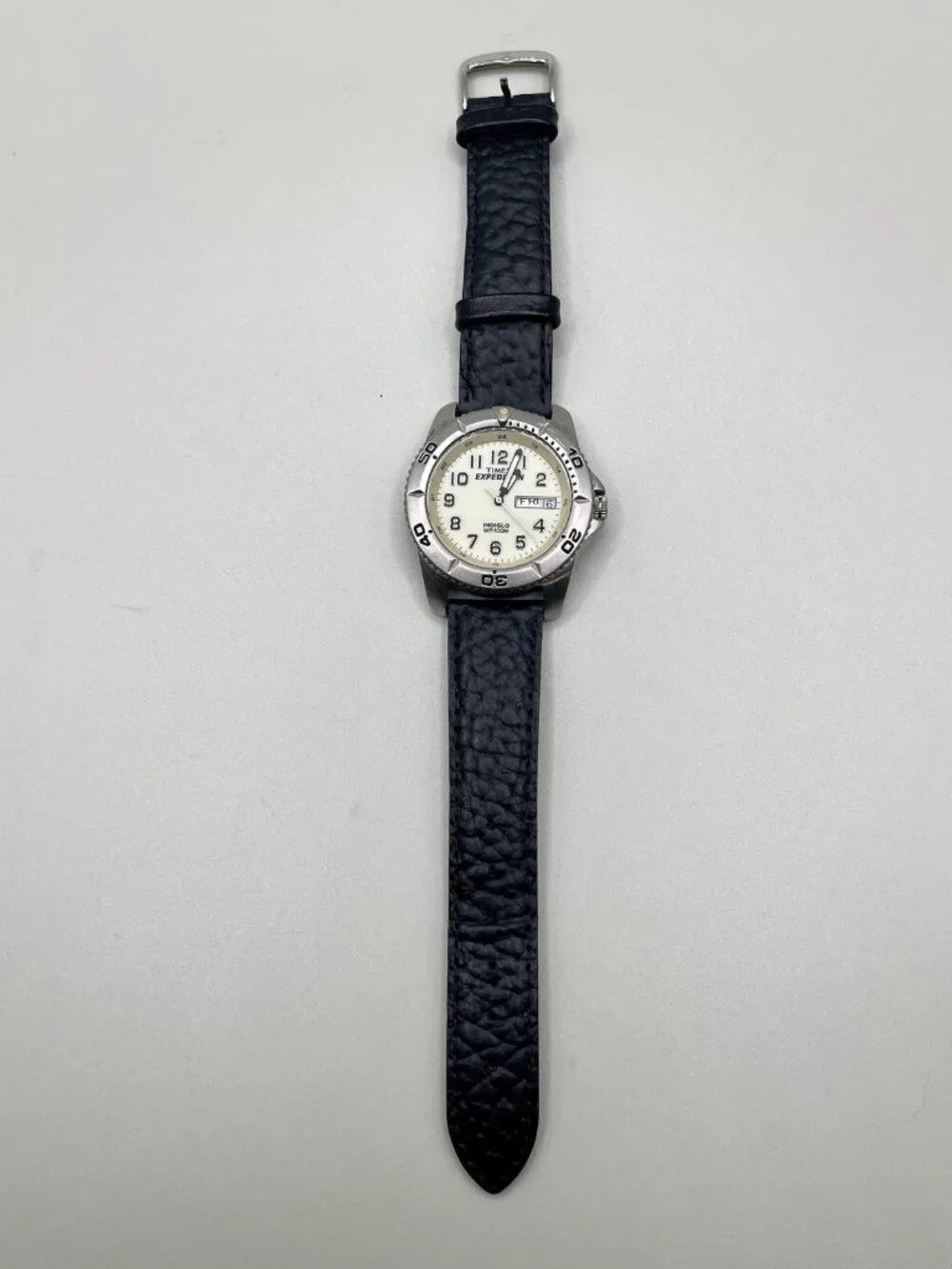 Vintage 90s Timex Expedition Indiglo WR100M Day Date Quartz Watch Leather Band